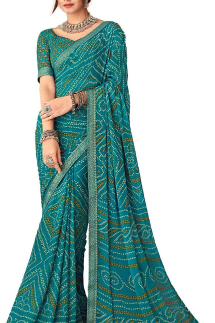 Graphic Print, Printed Bandhani Chiffon, Georgette Saree (Teal Blue)