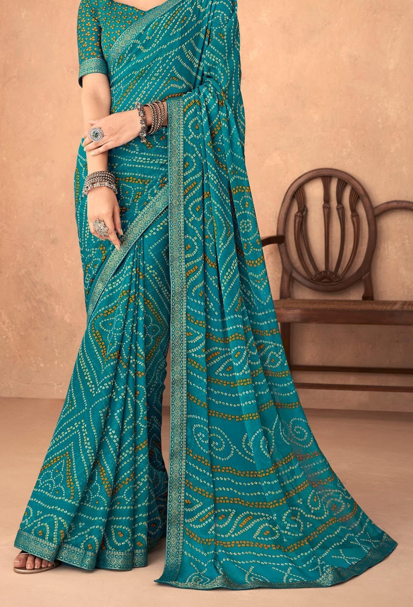 Bandhani Print Chiffon Georgette Saree with Attached Border (Blue)
