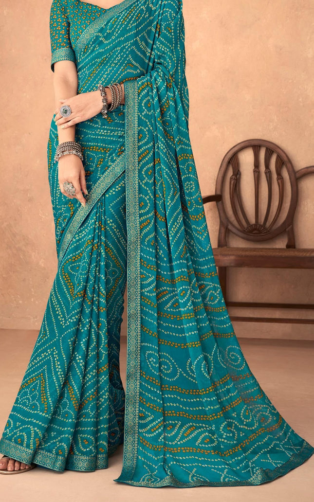 Graphic Print, Printed Bandhani Chiffon, Georgette Saree (Teal Blue)
