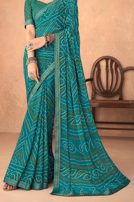 Graphic Print, Printed Bandhani Chiffon, Georgette Saree (Teal Blue)