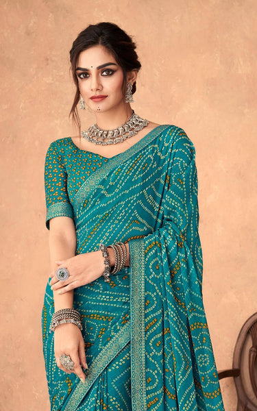 Graphic Print, Printed Bandhani Chiffon, Georgette Saree (Sky Blue)