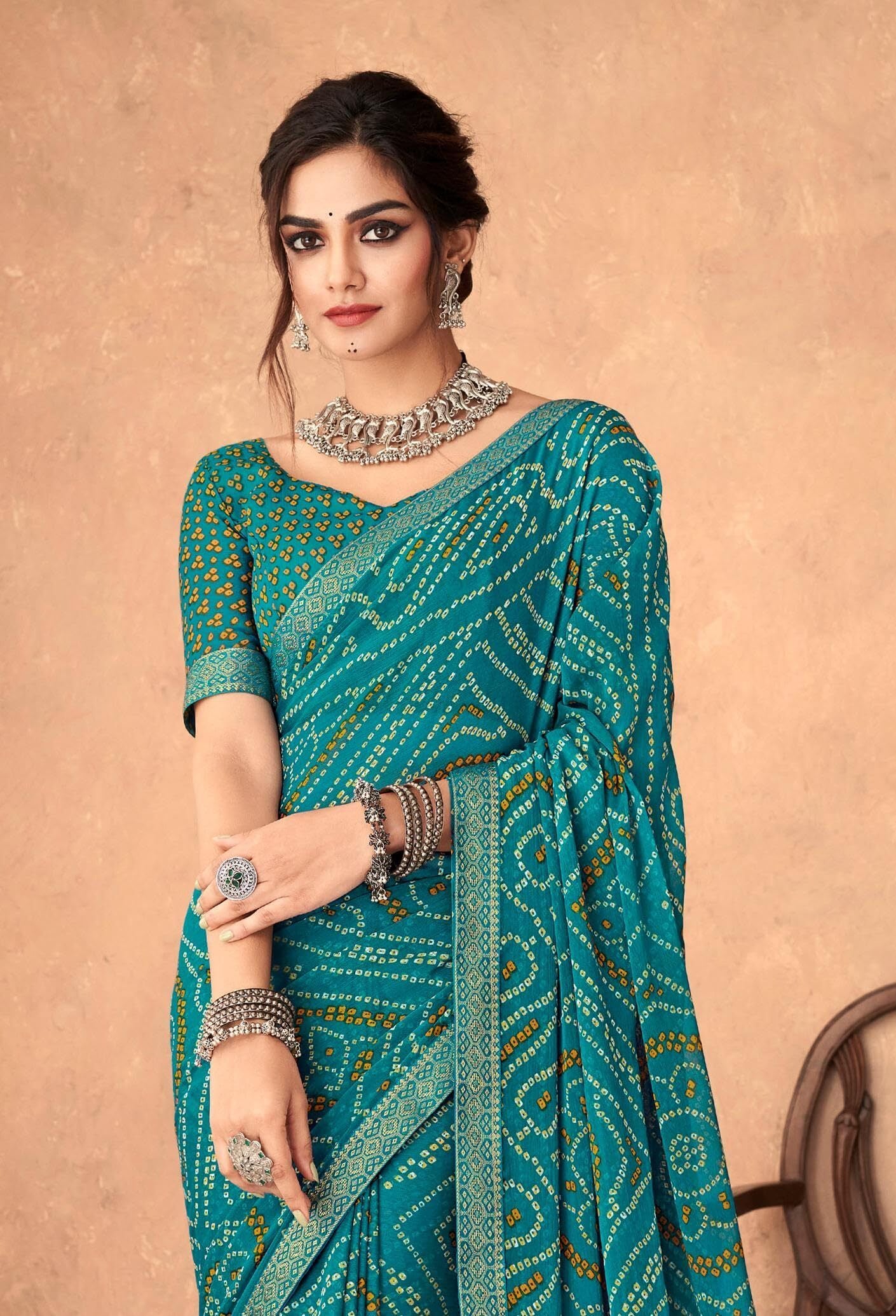 Bandhani Print Chiffon Georgette Saree with Attached Border (Blue)