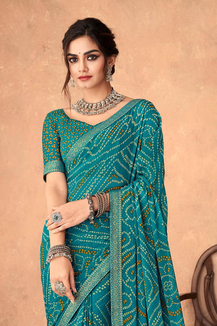 Graphic Print, Printed Bandhani Chiffon, Georgette Saree (Teal Blue)