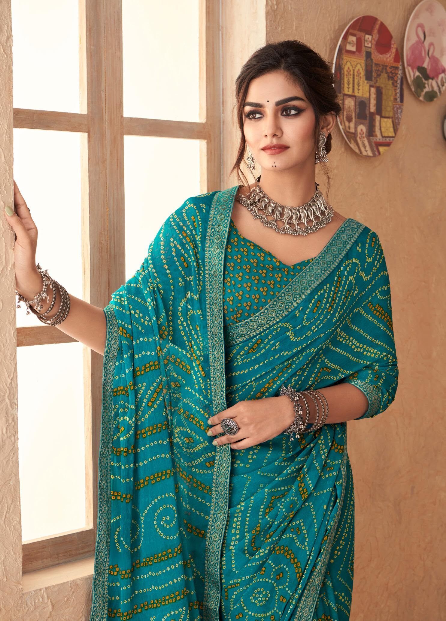 Bandhani Print Chiffon Georgette Saree with Attached Border (Blue)