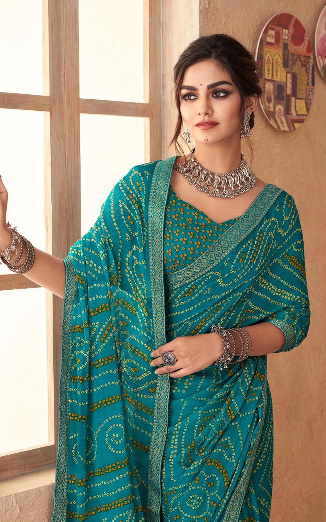 Graphic Print, Printed Bandhani Chiffon, Georgette Saree (Teal Blue)