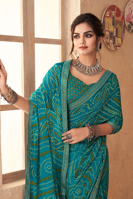 Graphic Print, Printed Bandhani Chiffon, Georgette Saree (Teal Blue)