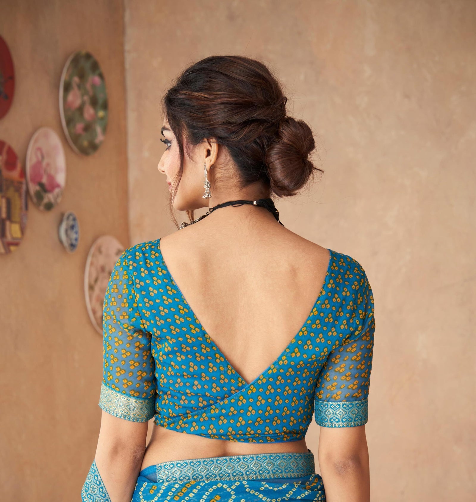 Bandhani Print Chiffon Georgette Saree with Attached Border (Blue)