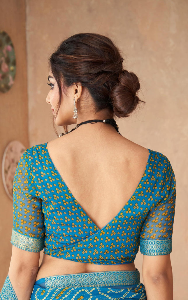 Graphic Print, Printed Bandhani Chiffon, Georgette Saree (Teal Blue)