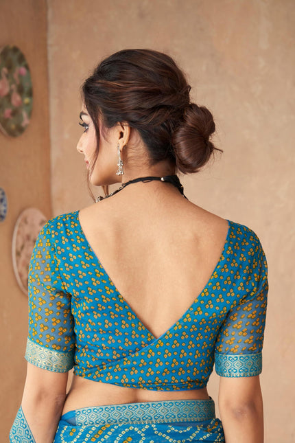 Graphic Print, Printed Bandhani Chiffon, Georgette Saree (Teal Blue)