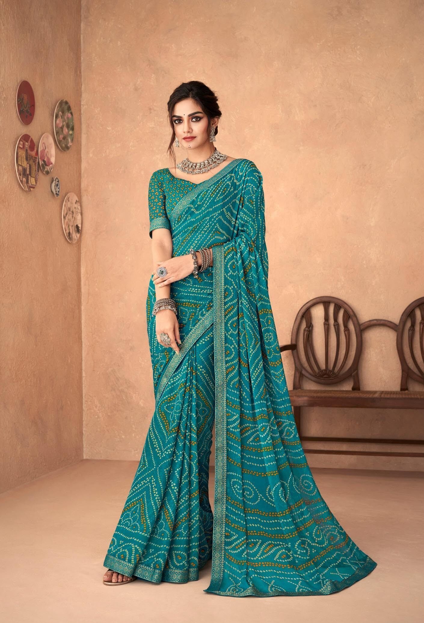 Bandhani Print Chiffon Georgette Saree with Attached Border (Blue)