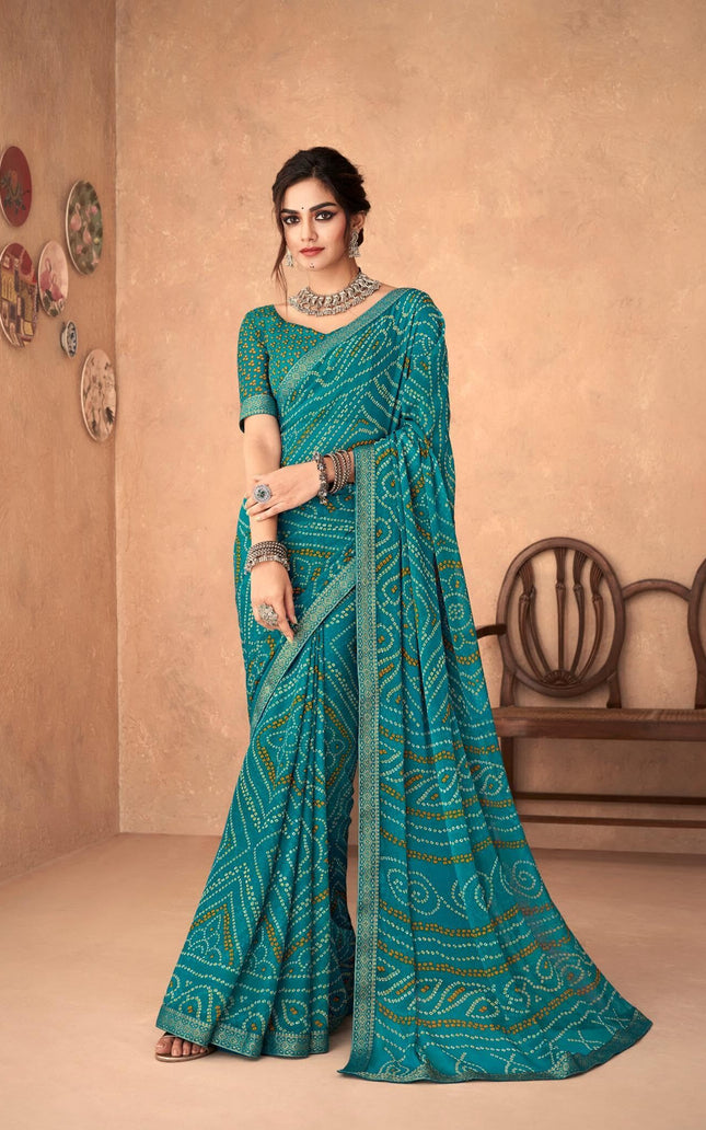Graphic Print, Printed Bandhani Chiffon, Georgette Saree (Teal Blue)