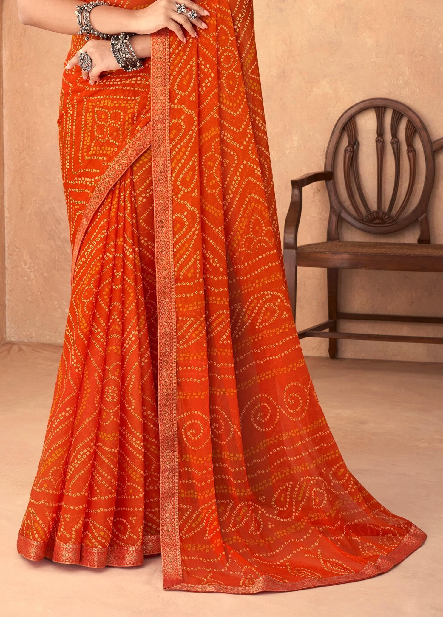 Bandhani Print Chiffon Georgette Saree with Attached Border (Orange)