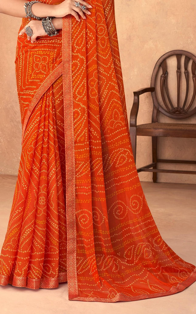 Graphic Print, Printed Bandhani Chiffon, Georgette Saree (Orange)