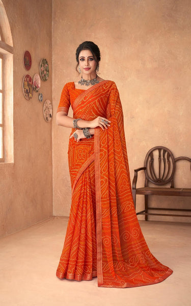 Graphic Print, Printed Bandhani Chiffon, Georgette Saree (Orange)