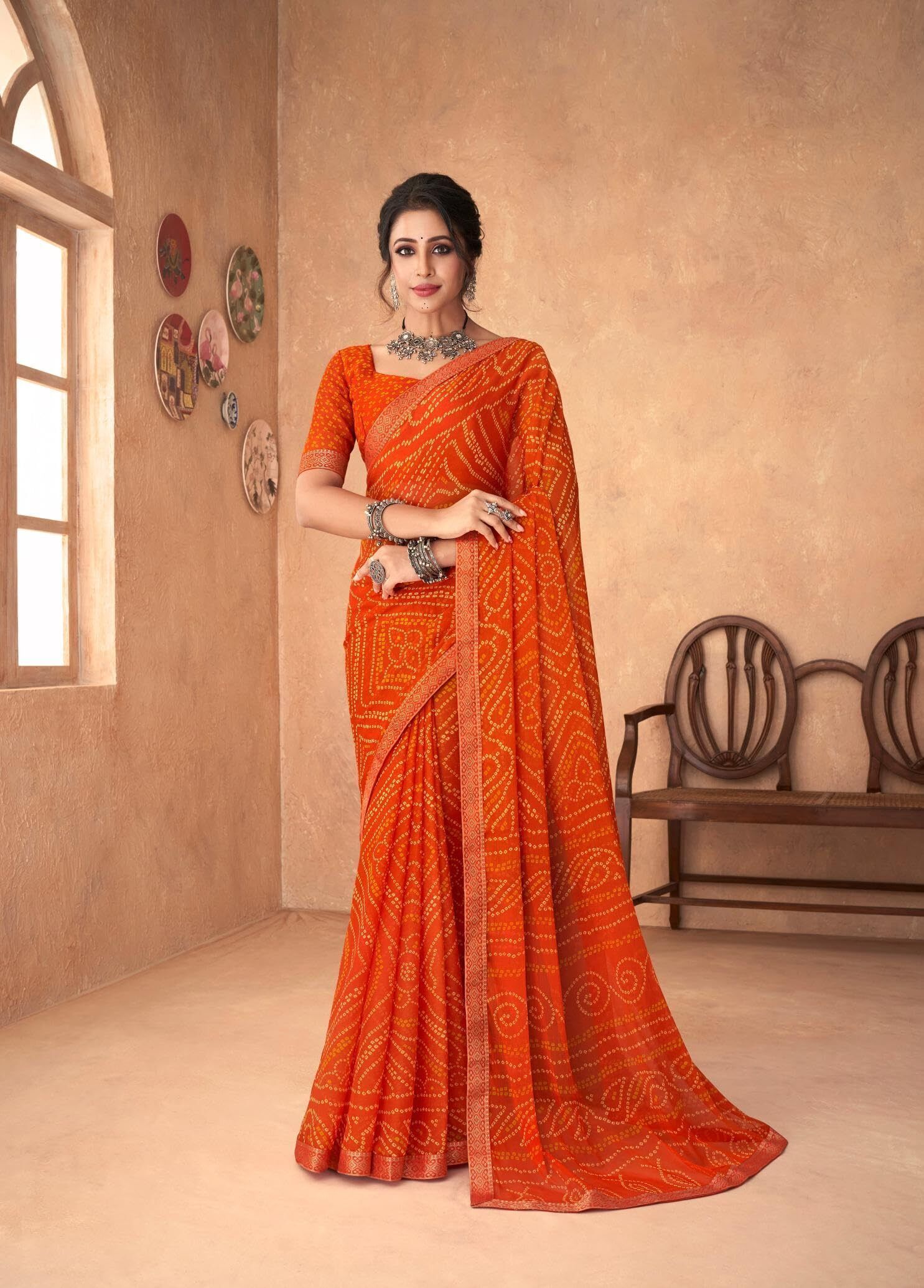 Bandhani Print Chiffon Georgette Saree with Attached Border (Orange)