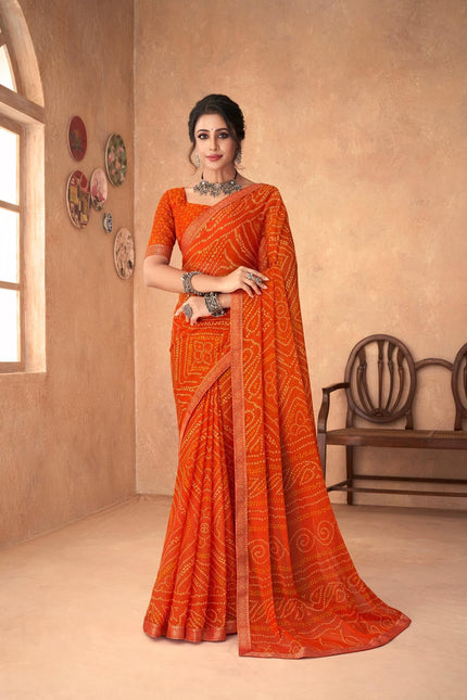 Graphic Print, Printed Bandhani Chiffon, Georgette Saree (Orange)