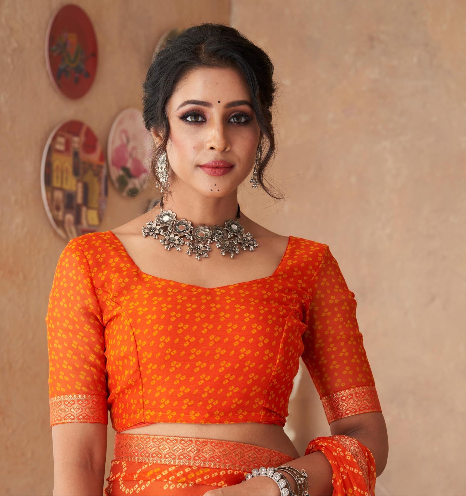 Bandhani Print Chiffon Georgette Saree with Attached Border (Orange)