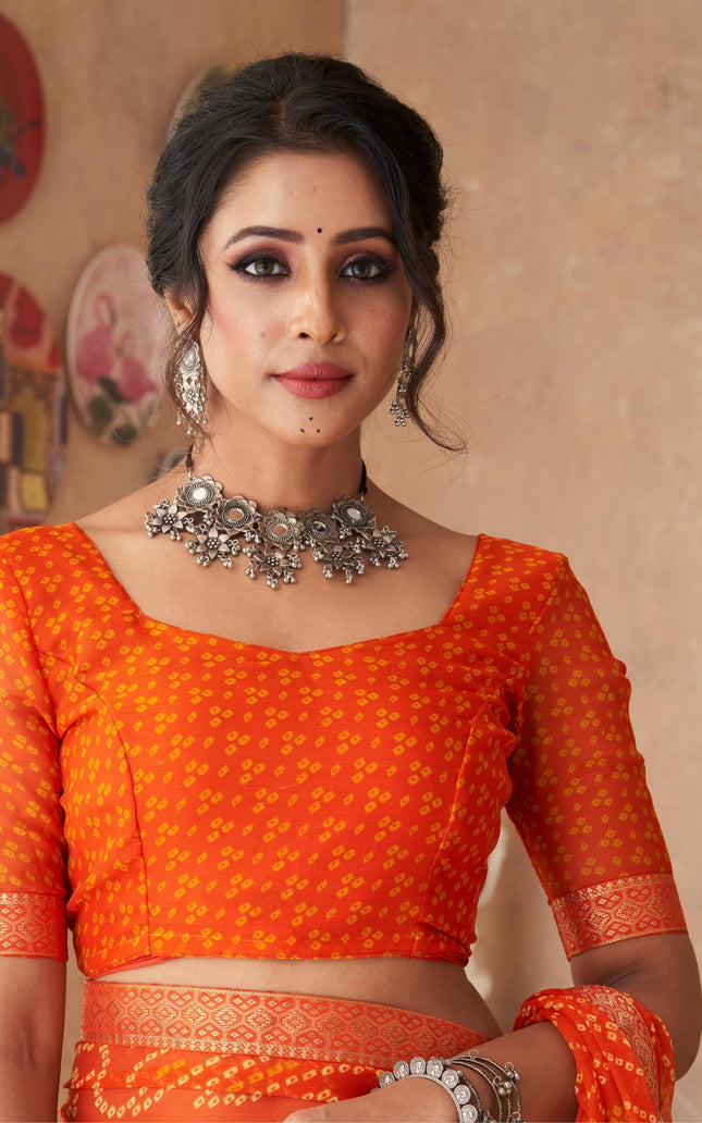 Graphic Print, Printed Bandhani Chiffon, Georgette Saree (Orange)