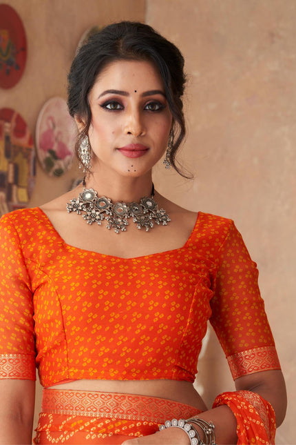 Graphic Print, Printed Bandhani Chiffon, Georgette Saree (Orange)