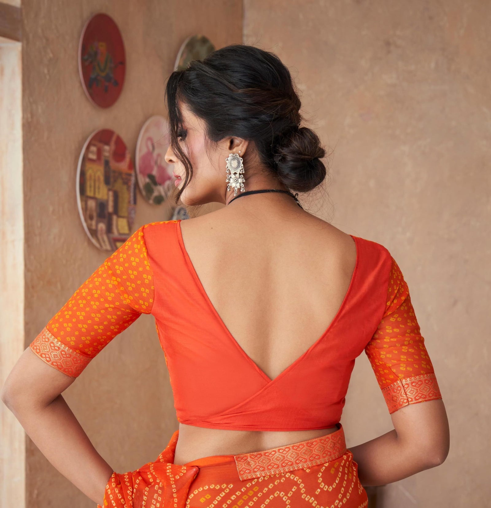Bandhani Print Chiffon Georgette Saree with Attached Border (Orange)
