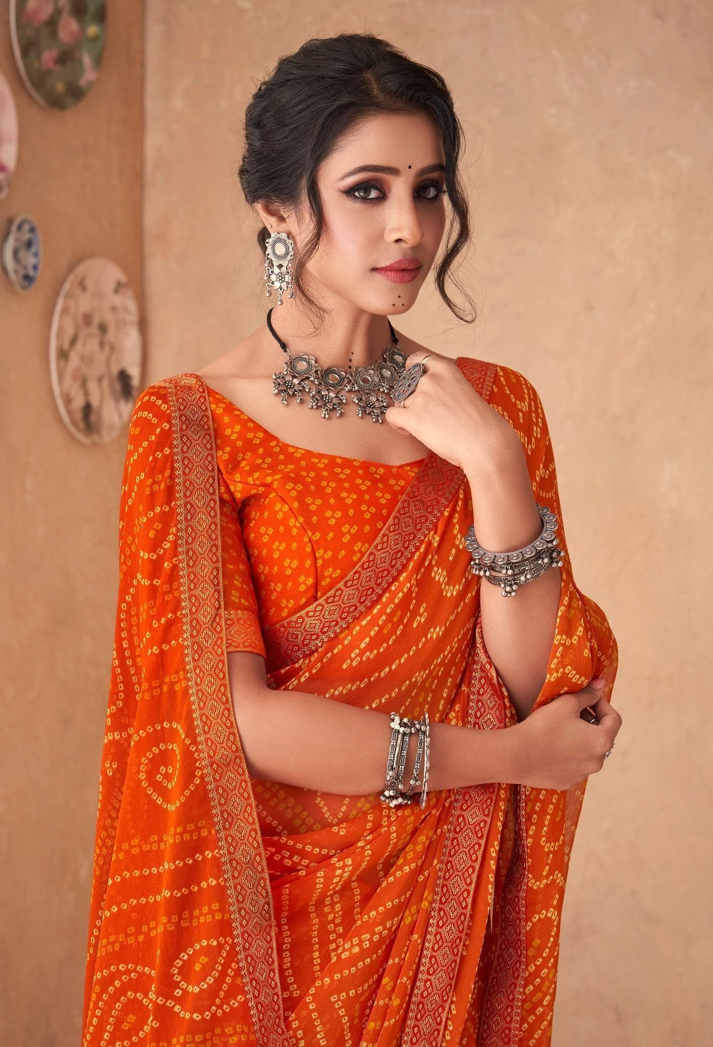 Bandhani Print Chiffon Georgette Saree with Attached Border (Orange)