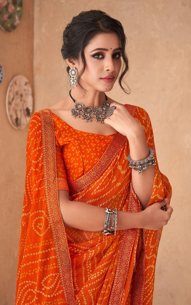 Graphic Print, Printed Bandhani Chiffon, Georgette Saree (Orange)