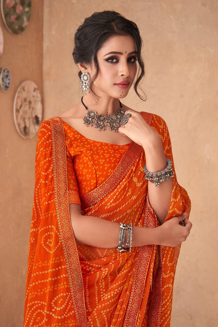 Graphic Print, Printed Bandhani Chiffon, Georgette Saree (Orange)
