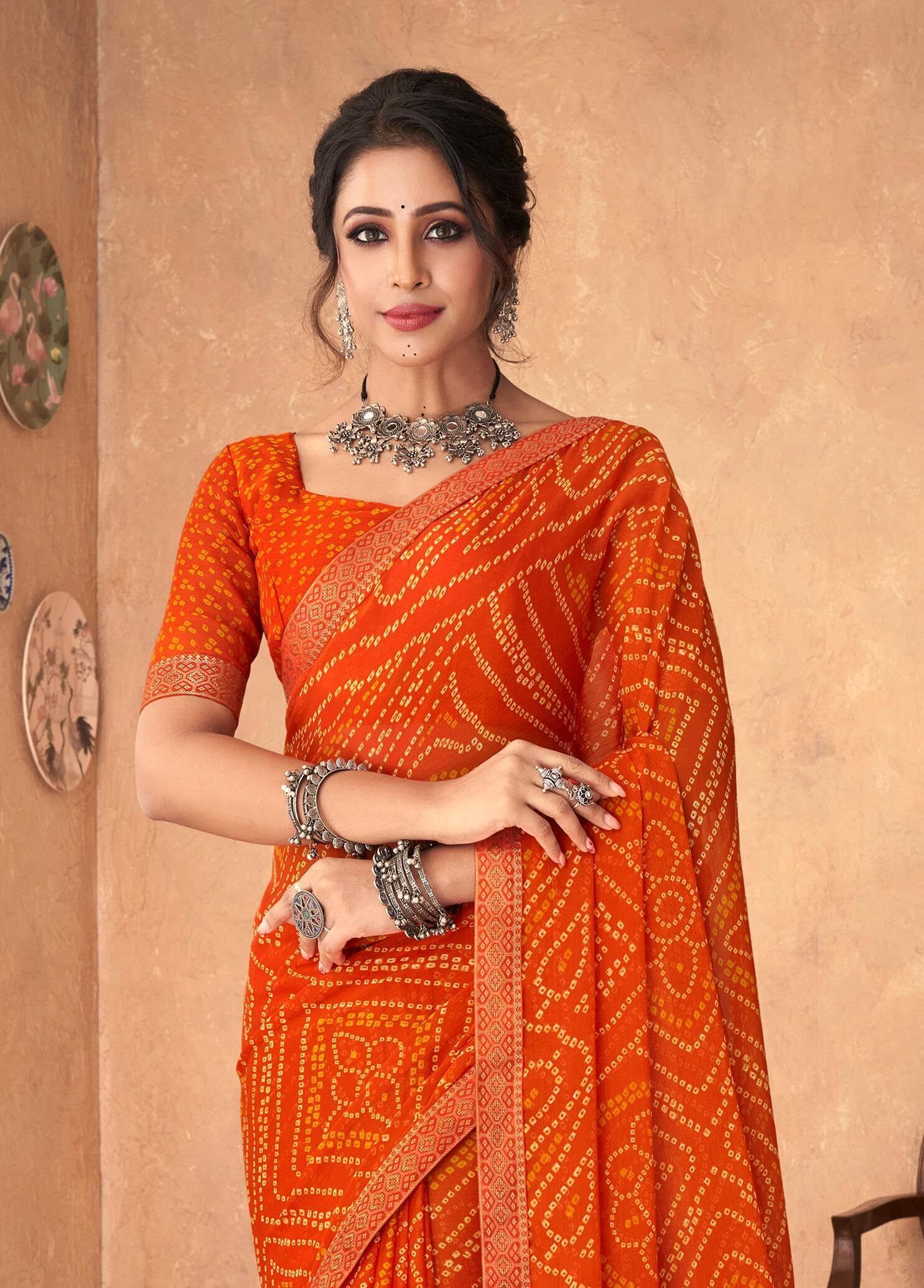 Bandhani Print Chiffon Georgette Saree with Attached Border (Orange)