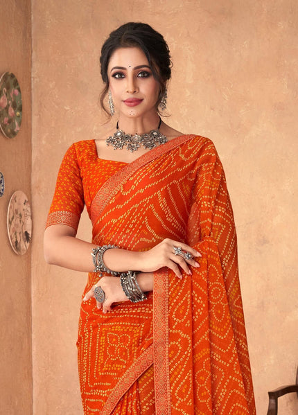 Graphic Print, Printed Bandhani Chiffon, Georgette Saree (Orange)