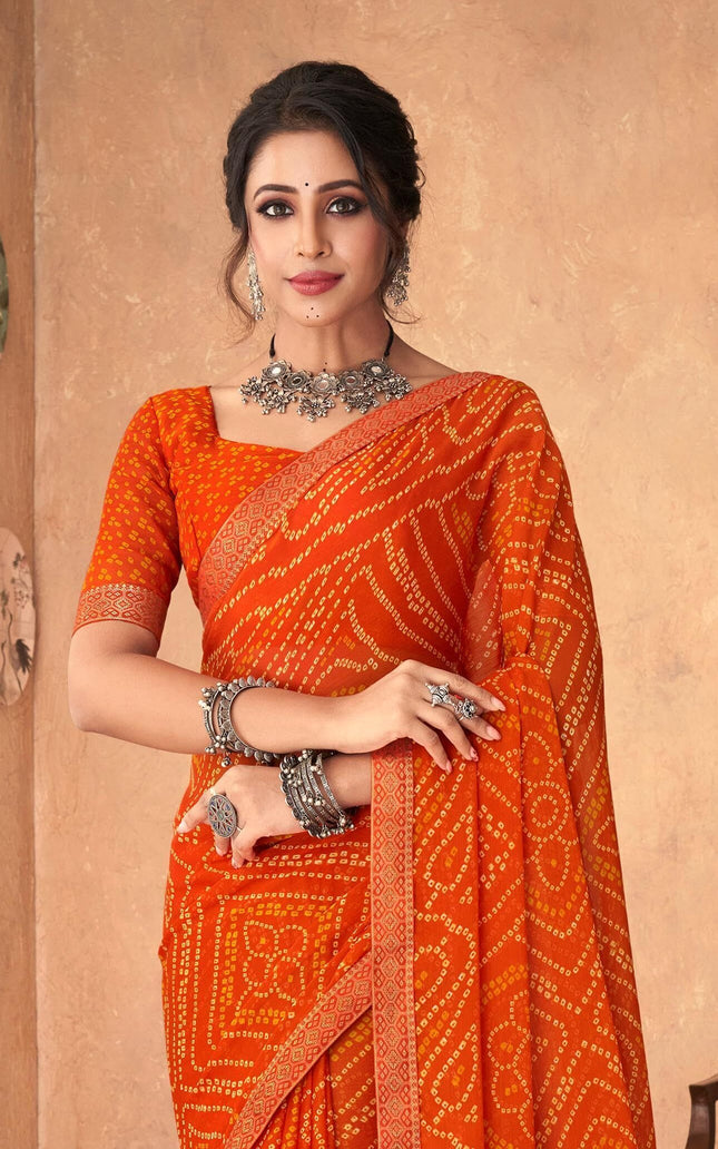 Graphic Print, Printed Bandhani Chiffon, Georgette Saree (Orange)