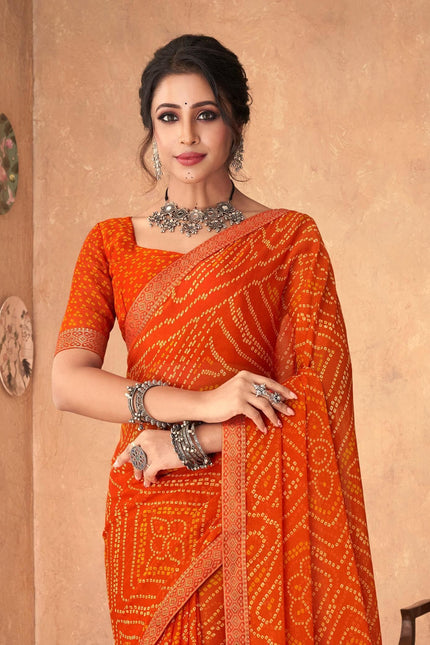 Graphic Print, Printed Bandhani Chiffon, Georgette Saree (Orange)