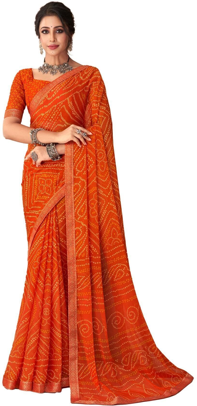 Bandhani Print Chiffon Georgette Saree with Attached Border (Orange)