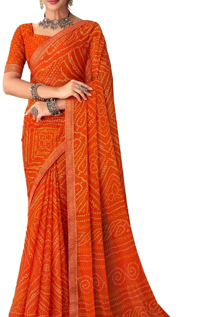 Graphic Print, Printed Bandhani Chiffon, Georgette Saree (Orange)
