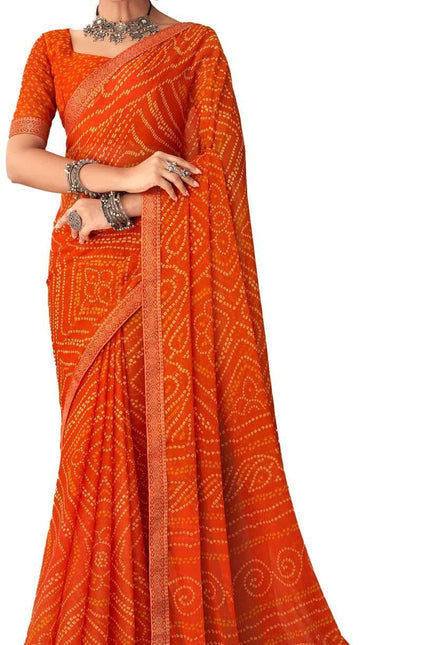 Graphic Print, Printed Bandhani Chiffon, Georgette Saree (Orange)