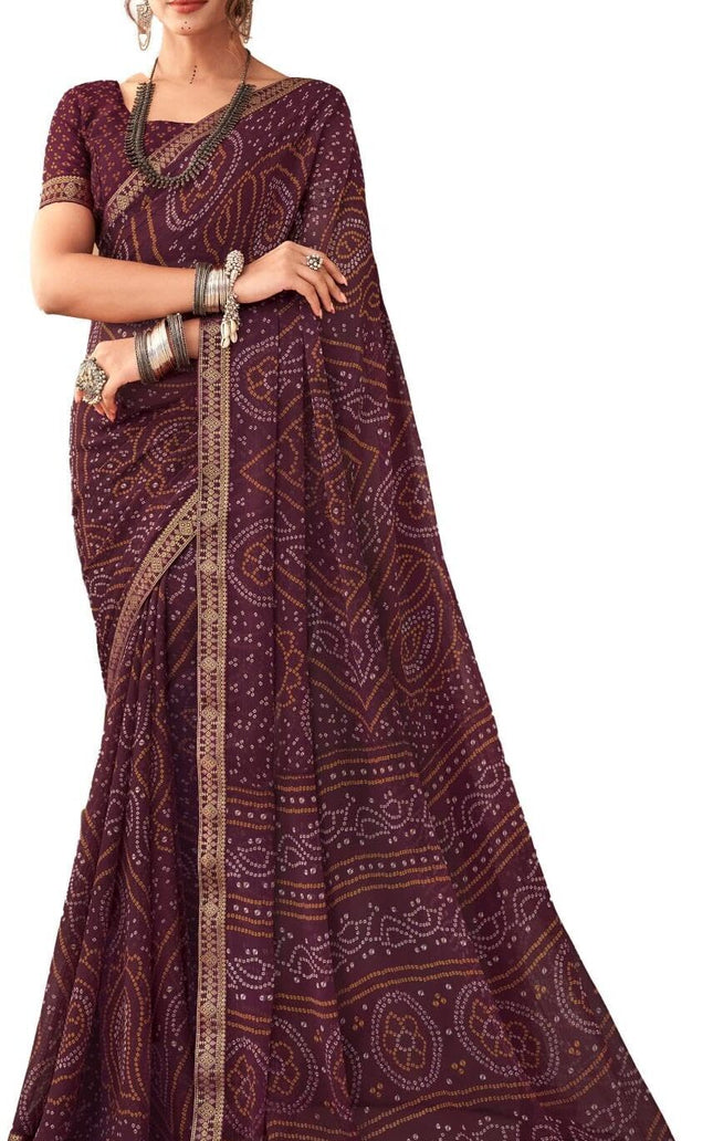 Graphic Print, Printed Bandhani Chiffon, Georgette Saree (Maroon)