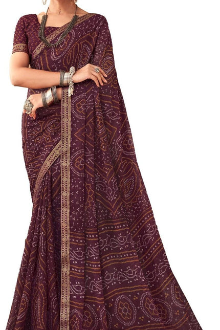 Graphic Print, Printed Bandhani Chiffon, Georgette Saree (Maroon)