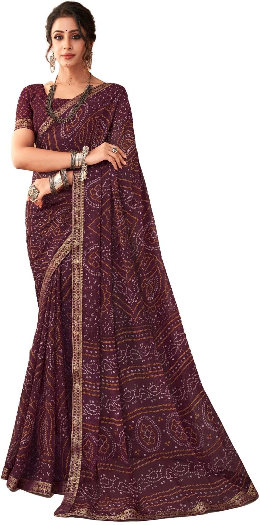 Bandhani Print Chiffon Georgette Saree with Attached Border (Wine)