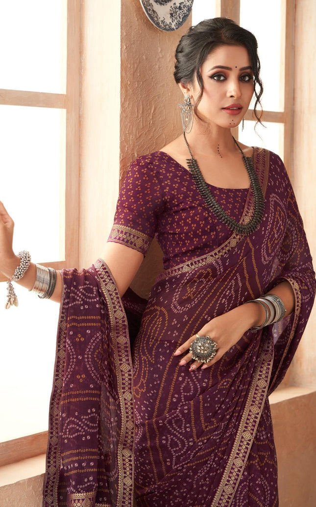 Graphic Print, Printed Bandhani Chiffon, Georgette Saree (Maroon)