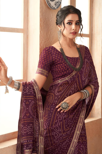 Graphic Print, Printed Bandhani Chiffon, Georgette Saree (Maroon)