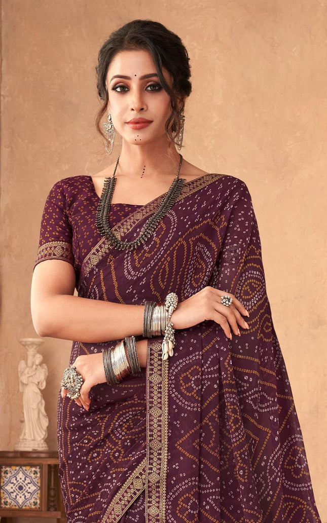 Graphic Print, Printed Bandhani Chiffon, Georgette Saree (Maroon)