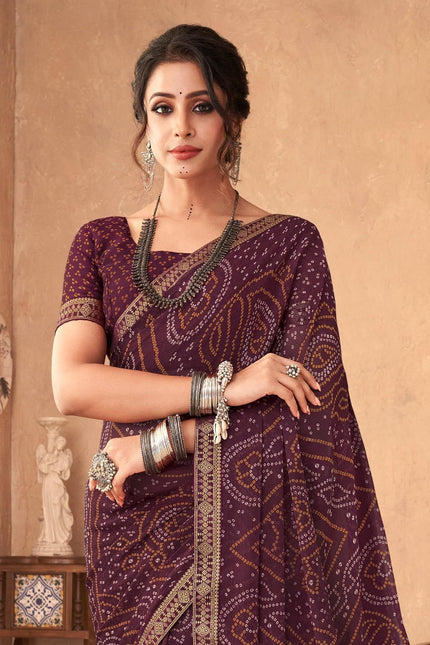 Graphic Print, Printed Bandhani Chiffon, Georgette Saree (Maroon)
