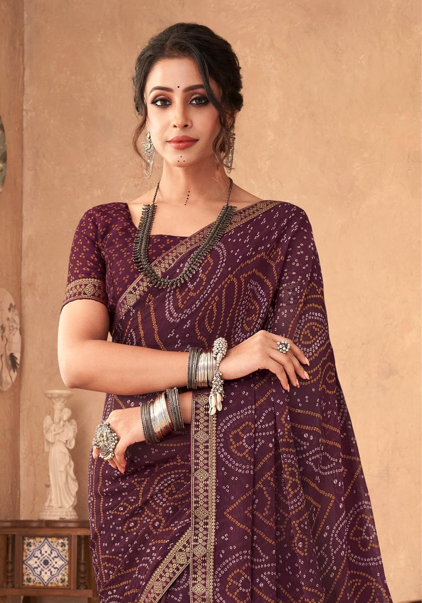 Bandhani Print Chiffon Georgette Saree with Attached Border (Wine)