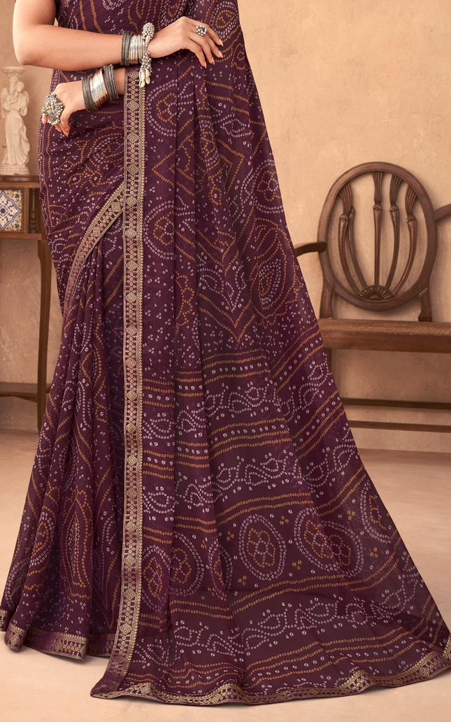 Graphic Print, Printed Bandhani Chiffon, Georgette Saree (Maroon)