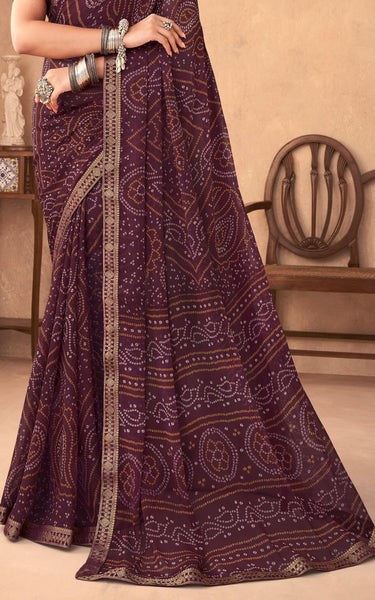 Graphic Print, Printed Bandhani Chiffon, Georgette Saree (Maroon)