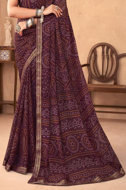 Graphic Print, Printed Bandhani Chiffon, Georgette Saree (Maroon)