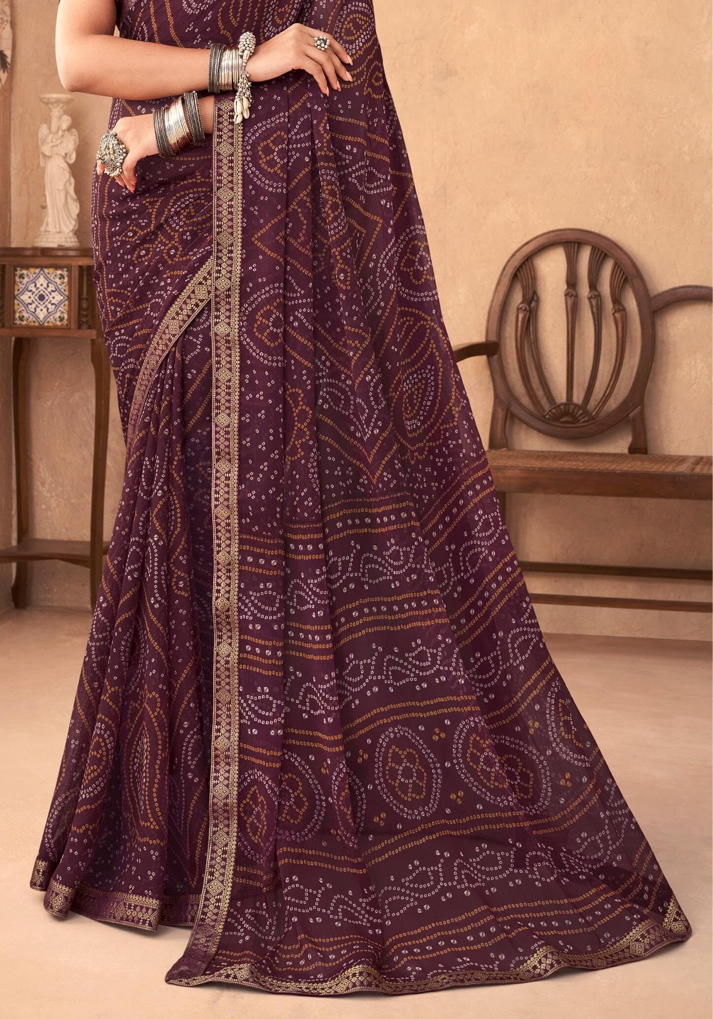 Bandhani Print Chiffon Georgette Saree with Attached Border (Wine)