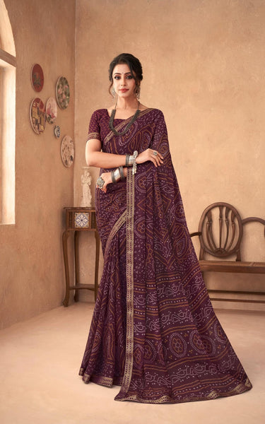 Graphic Print, Printed Bandhani Chiffon, Georgette Saree (Maroon)