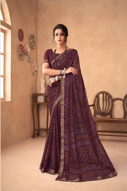 Graphic Print, Printed Bandhani Chiffon, Georgette Saree (Maroon)