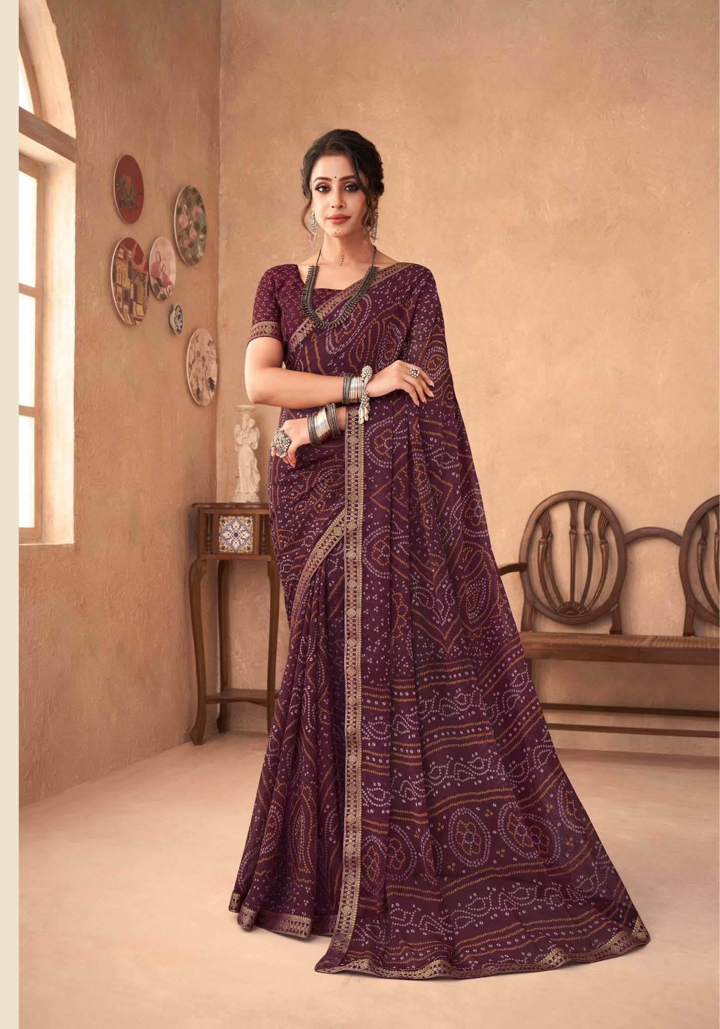 Bandhani Print Chiffon Georgette Saree with Attached Border (Wine)