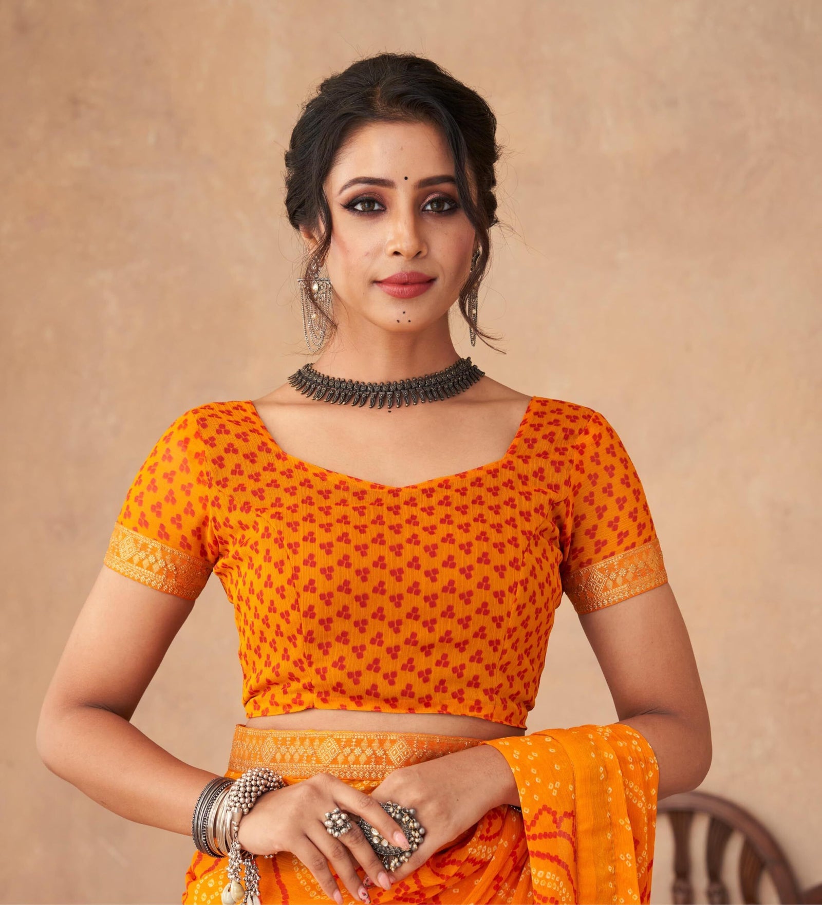 Bandhani Print Chiffon Georgette Saree with Attached Border (Orange)